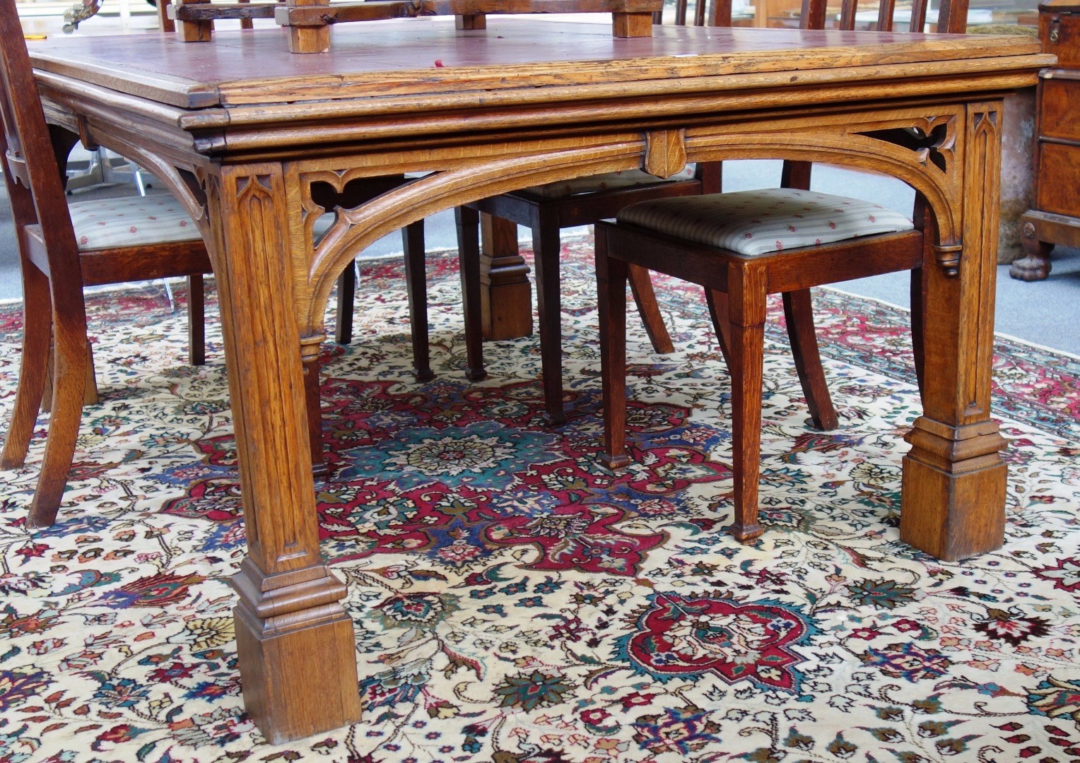 Appraisal: A Victorian oak Gothic Revival centre table with inset tooled