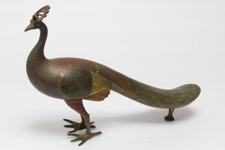 Appraisal: Indian Enameled Brass Peacock Figure Champleve Indian peacock sculpture champleve