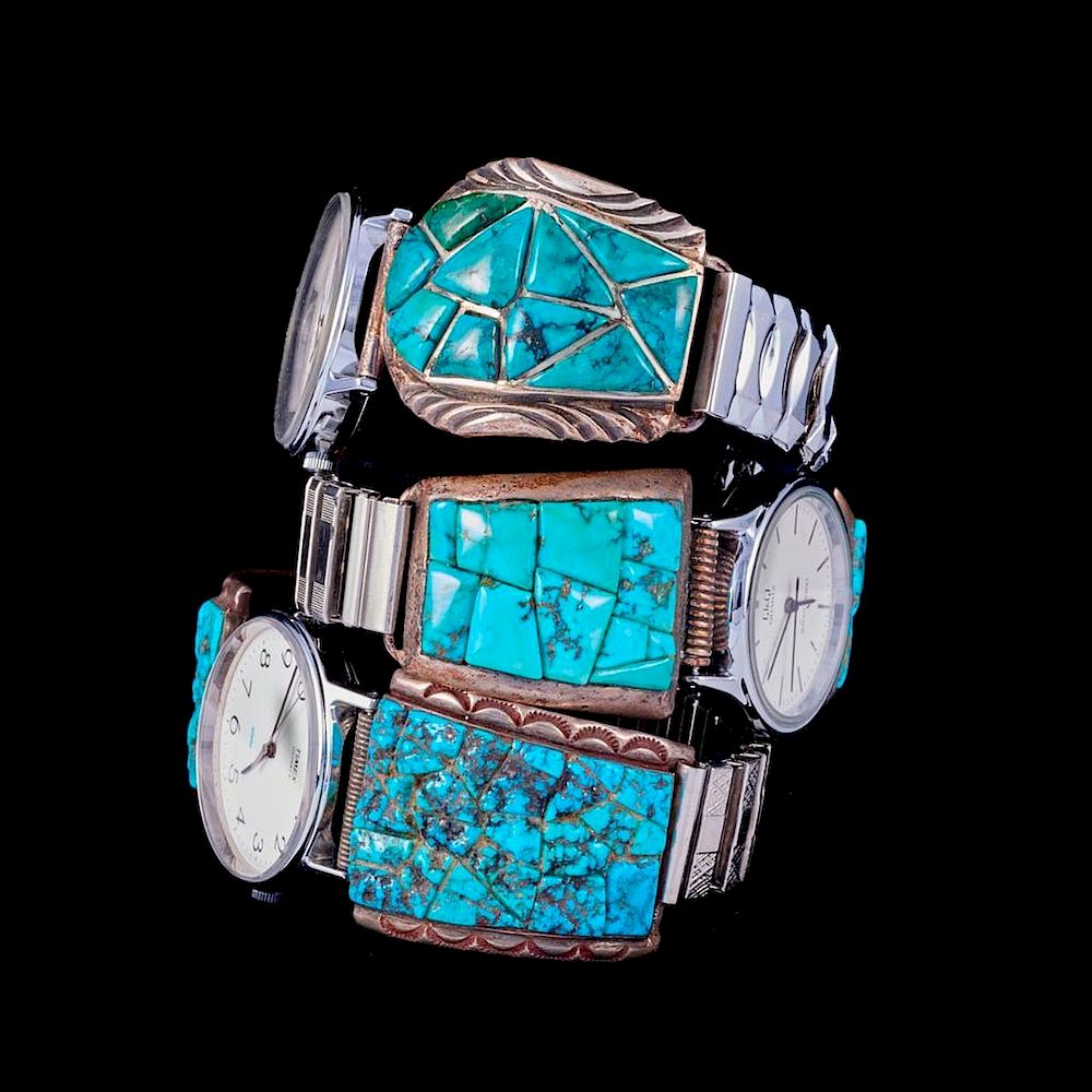 Appraisal: NAVAJO WATCH BANDS Three Vintage old pawn Southwest turquoise silver