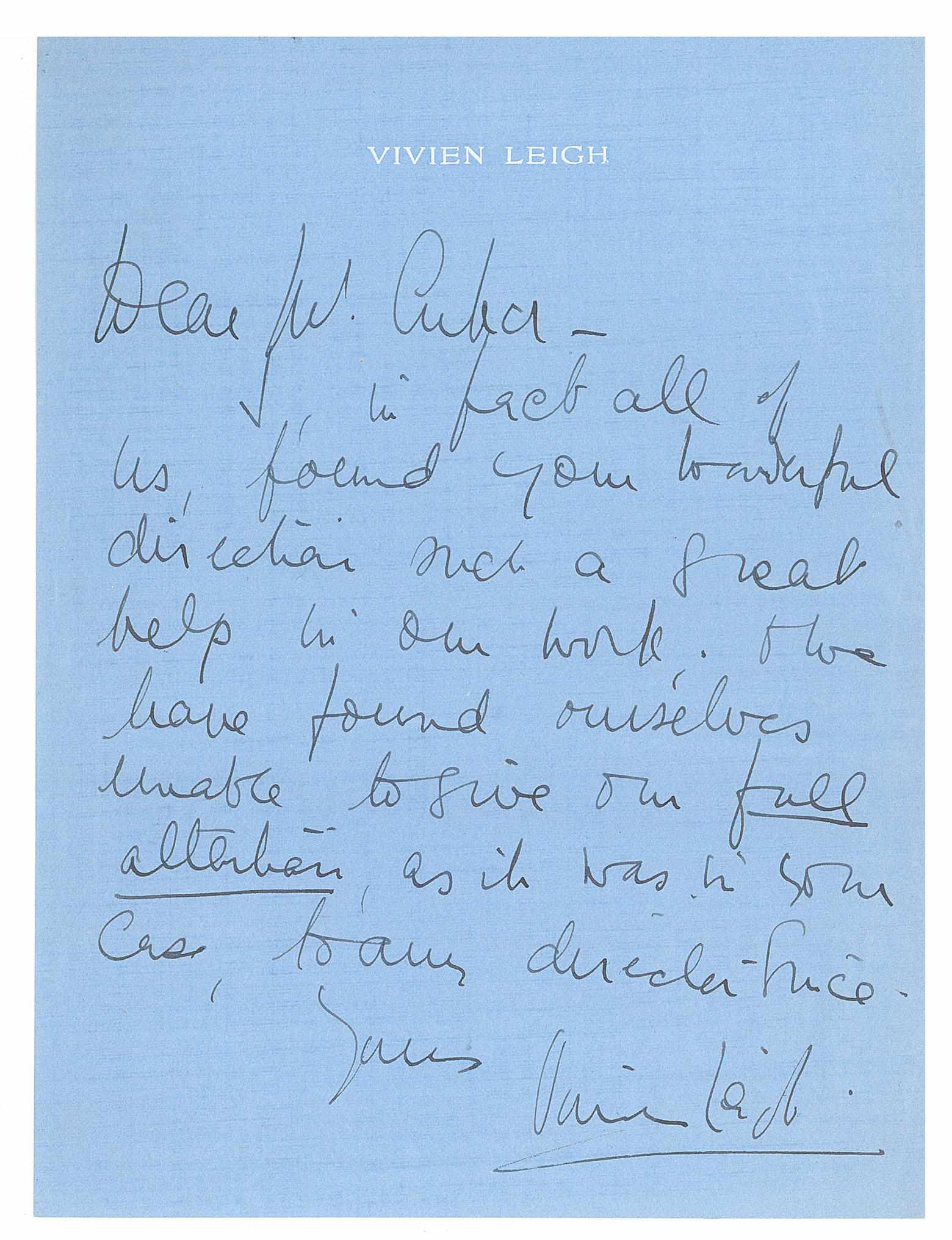 Appraisal: LEIGH VIVIEN LEIGH'S LETTER TO CUKOR AFTER HIS FIRING FROM