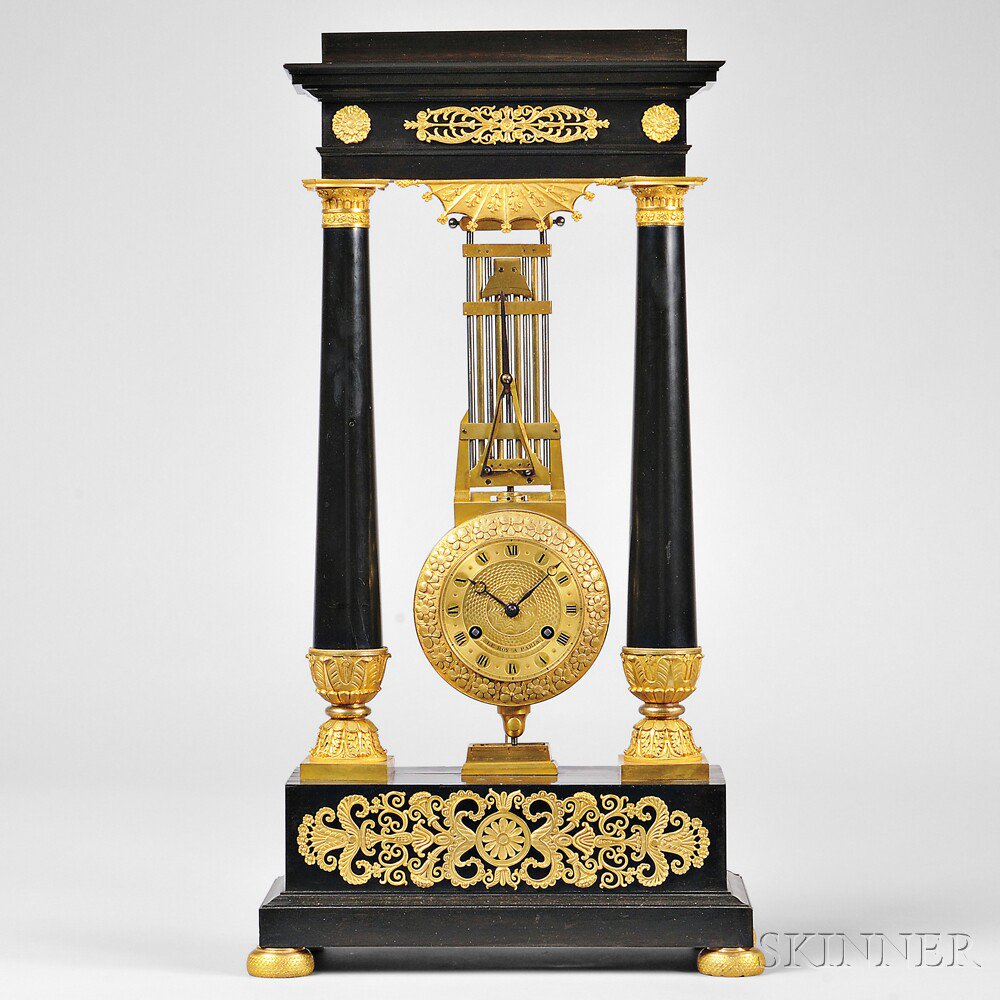 Appraisal: Ebonized Two-column Inverted Swinging Clock France c ormolu-mounted entablature supported