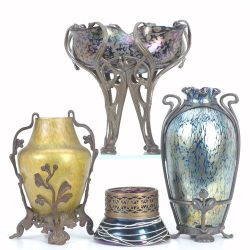 Appraisal: AUSTRIAN ART NOUVEAU Four vases with metal mounts including a