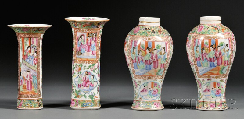 Appraisal: Four Assembled Mandarin Decorated Porcelain Garniture Vases China early th