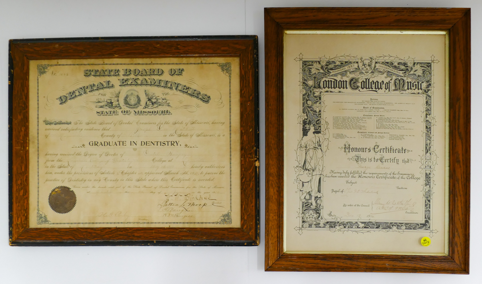 Appraisal: pc Antique Oak Framed Certificates Largest ''x ''