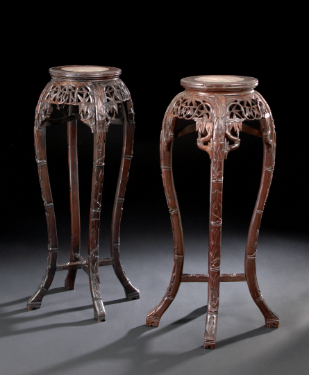 Appraisal: Pair of Chinese Rosewood and Marble-Top Plant Stands first half