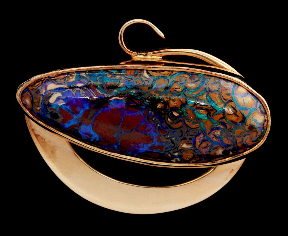 Appraisal: A UNIQUE K GOLD OPAL BROOCH SIGNED MICKY ROOF An