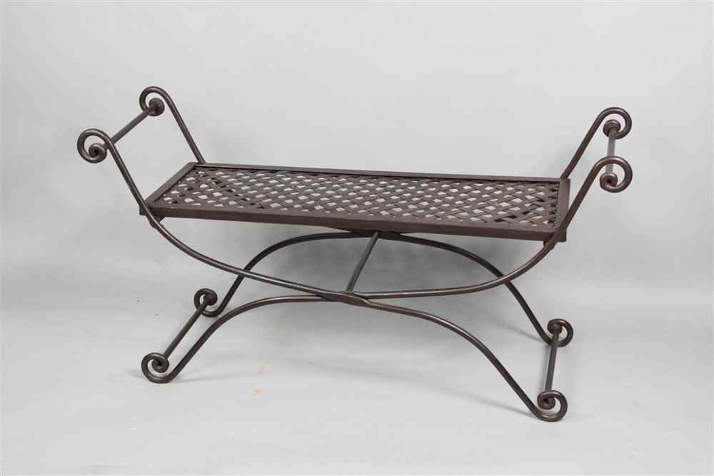 Appraisal: MODERN WROUGHT IRON FOLDING SEAT COFFEE TABLE WITH SCROLLING ARMS