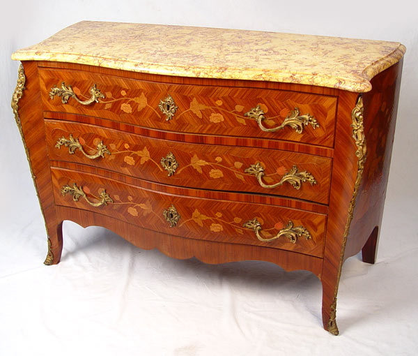 Appraisal: FRENCH MARQUETRY MARBLE TOP COMMODE Three full length drawers under