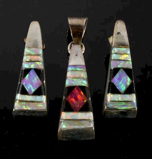 Appraisal: Signed Navajo Opal Inlaid Sterling Silver Earrings For bidding in