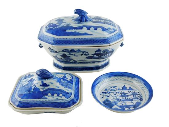 Appraisal: ASIAN Chinese export blue and white porcelain three pieces oblong