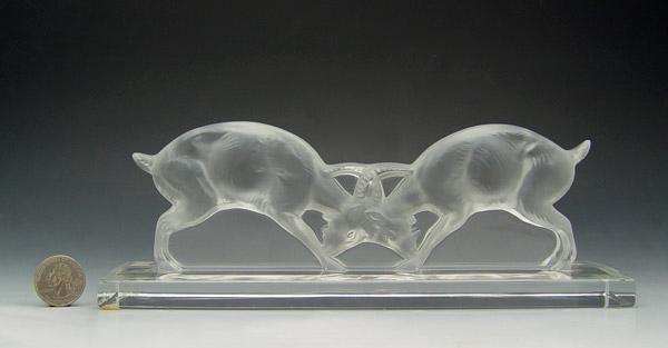 Appraisal: LALIQUE CRYSTAL RAMS IN COMBAT SCULPTURE '' h x ''