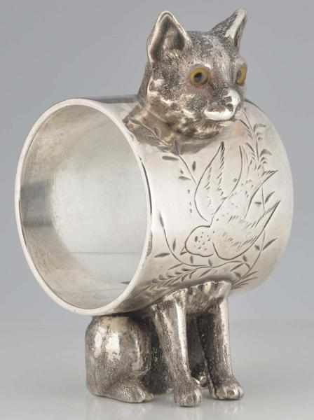 Appraisal: Cat with Glass Eyes Figural Napkin Ring Napkin holder is