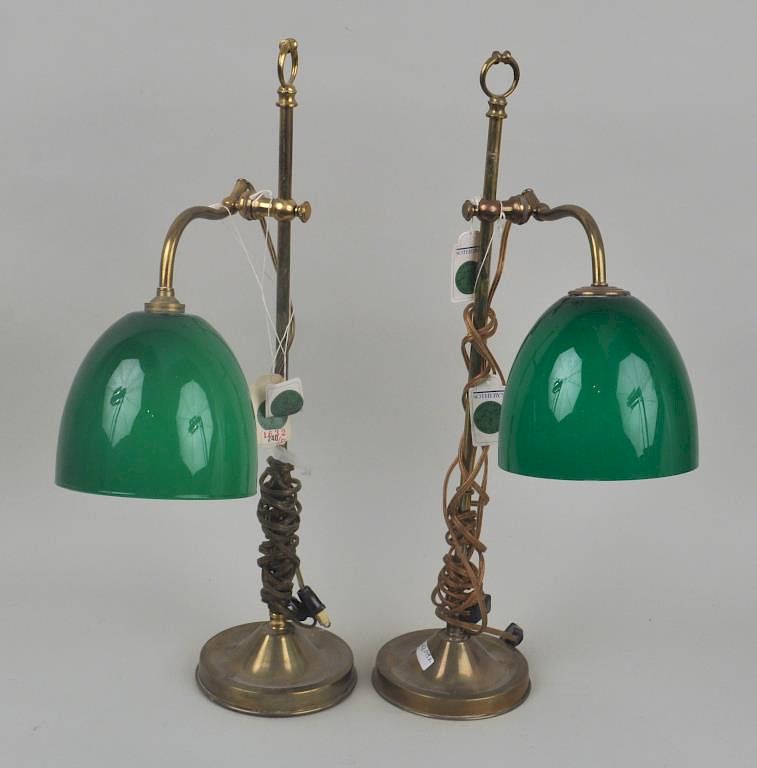 Appraisal: Pair Brass Adjustable Student Lamps with green glass shades One