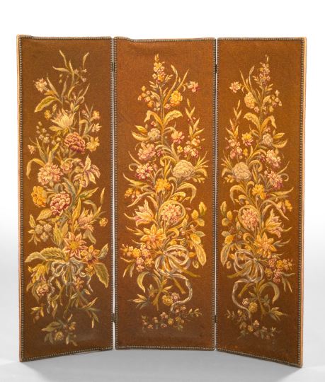 Appraisal: French Floral Gros-Point Needlework Three-Panel Folding Screen first quarter th