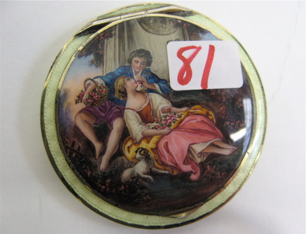 Appraisal: A CONTINENTAL ENAMELED COMPACT with decoration to the hinged cover