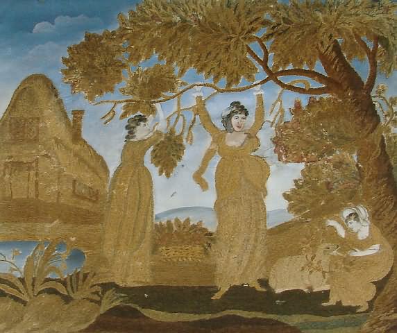 Appraisal: Needlwork with watercolor twop women holding lower branches of tree