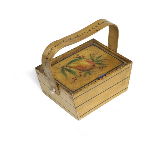 Appraisal: MINIATURE SATINWOOD BOX WITH SWING HANDLE AND PAINTED PEAR ON