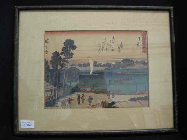 Appraisal: Japanese Woodblock Print waterfront scene with villagers signed image area