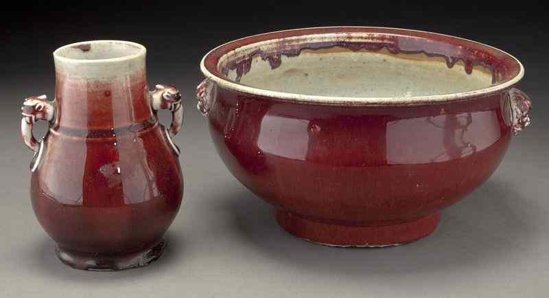 Appraisal: Chinese Qing oxblood porcelains including censer with lions head handles