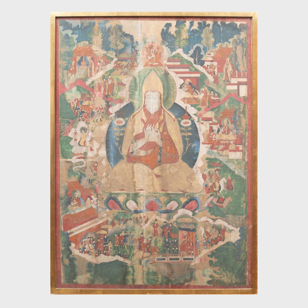 Appraisal: Thangka of a Gelung Lama Ink and colors on linen