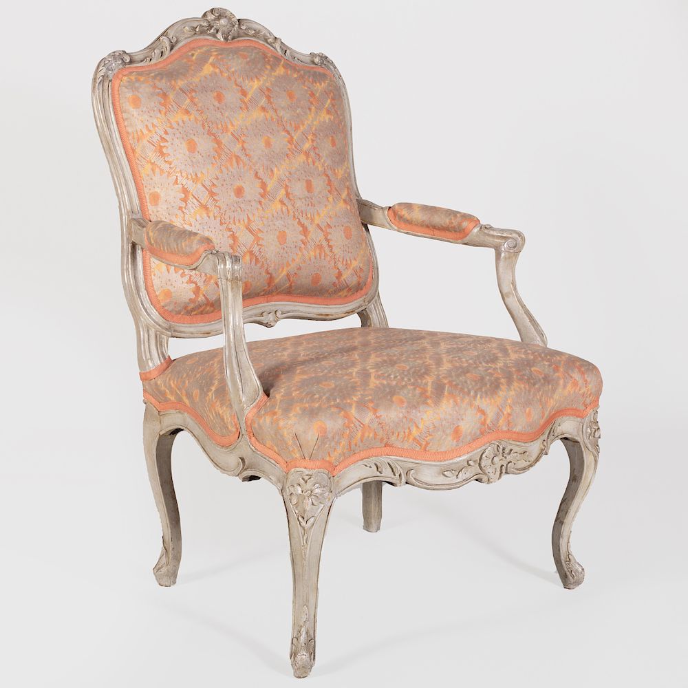 Appraisal: Louis XV Grey Painted Fauteuil la Reine Upholstered in fortuny