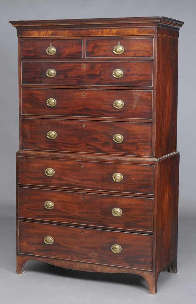 Appraisal: GEORGE III INLAID MAHOGANY CHEST ON CHEST The coved cornice