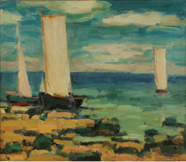 Appraisal: J Matisons European th century sailboats out at sea impressionist