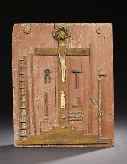 Appraisal: Italian Provincial Red-Painted Wooden Crucifixion Panel mounted with the symbols