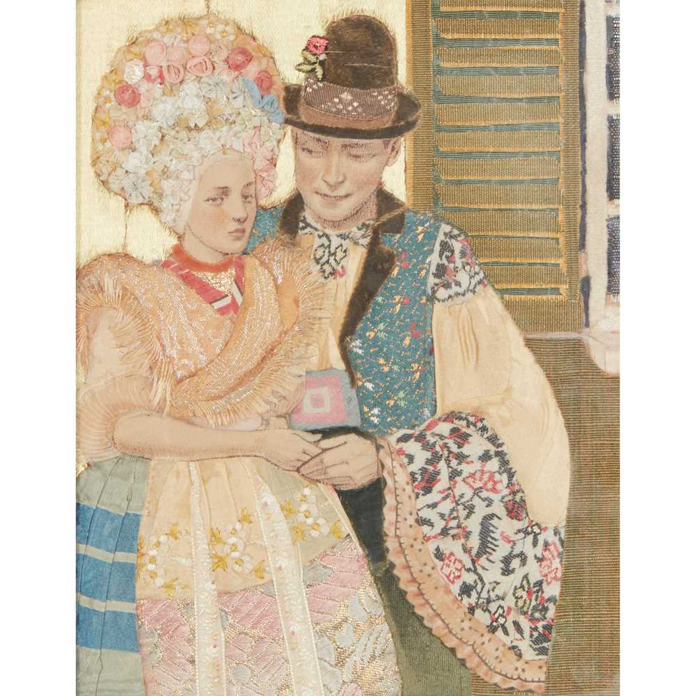 Appraisal: MARY IRELAND -C COURTING COUPLE DATED appliqu fabric mosaic panel