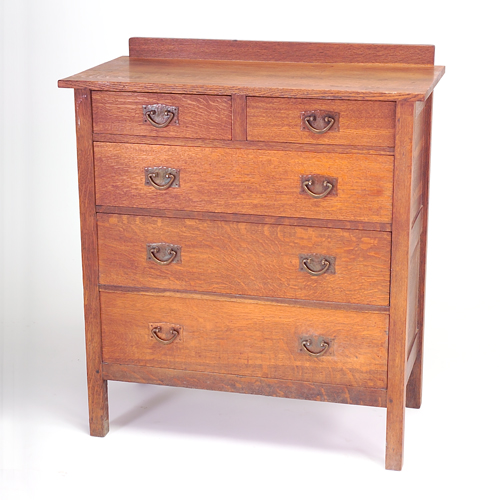 Appraisal: GUSTAV STICKLEY Dresser with overhanging top two-over-three drawer configuration brass-washed