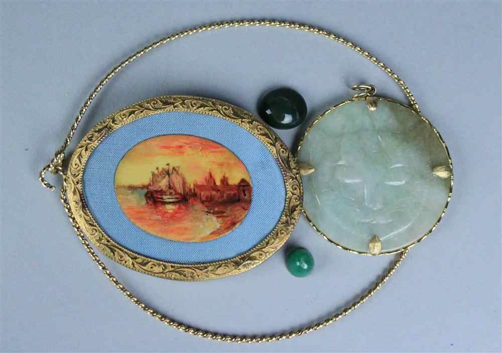 Appraisal: GOLD MOUNTED CIRCULAR JADE PENDANT carved on both sides with