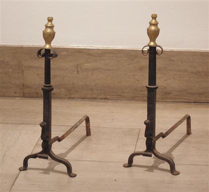 Appraisal: Pair of early iron and brass top andirons th century