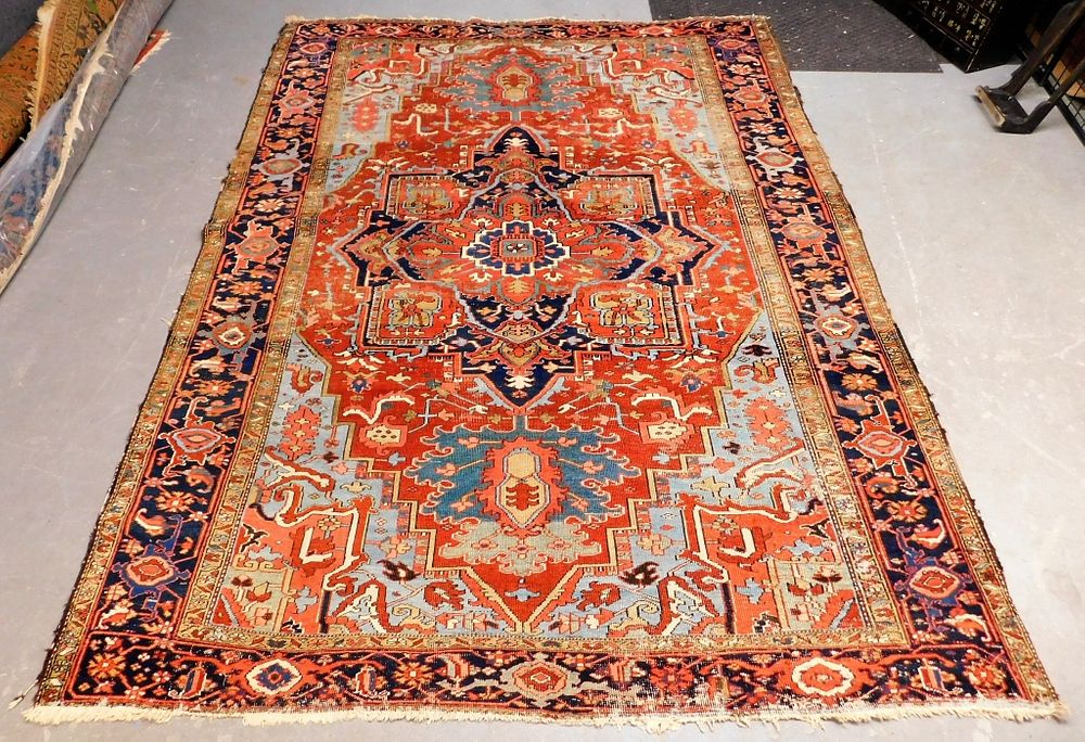 Appraisal: Antique Oriental Heriz Red Blue Geometric Rug Middle East Circa