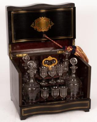 Appraisal: A late th Century French ebonised liqueur box inlaid brass