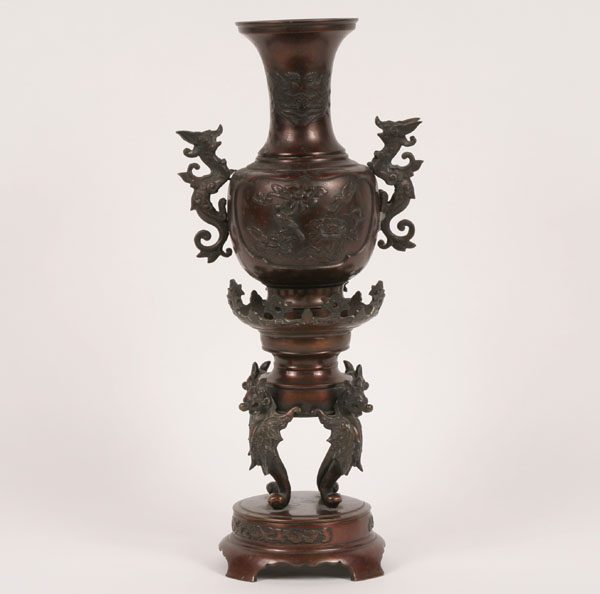 Appraisal: Large Asian bronze handled vase with avian and floral panels