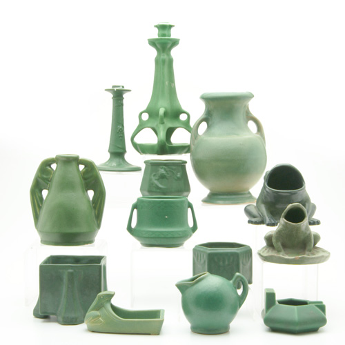 Appraisal: WELLER OWENS Etc Thirteen matte green pieces a Weller two-handled