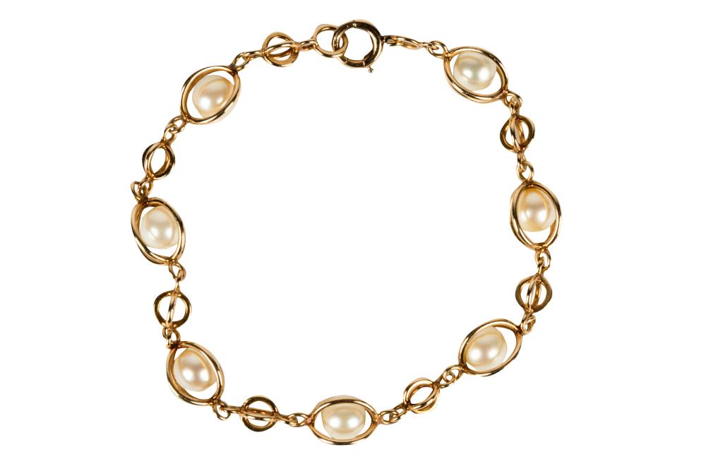 Appraisal: KARAT YELLOW GOLD PEARL BRACELETcontaining seven round white-color cultured pearls