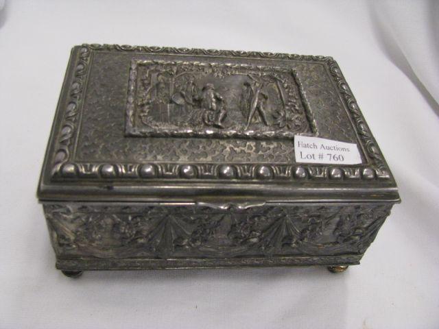 Appraisal: Silverplate Musical Jewelry Box scene on cover floral garland on