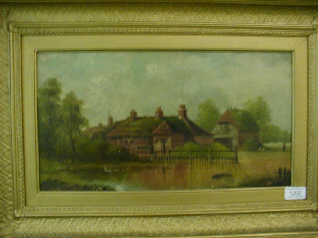 Appraisal: thC School Village pond scene oil on canvas gilt framed