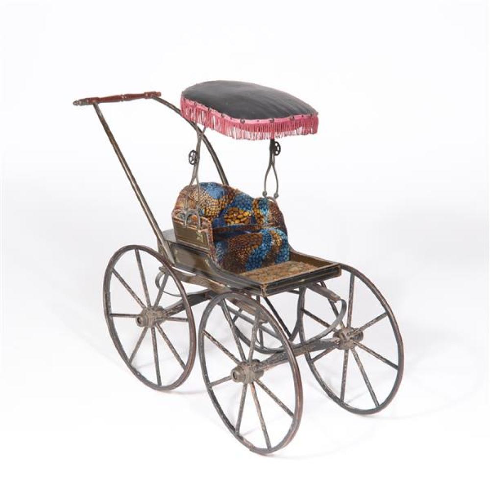 Appraisal: ANTIQUE VICTORIAN WOODEN DOLL SURREY CARRIAGE BUGGY WITH FRINGED CANOPY