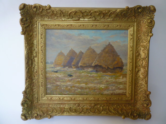 Appraisal: ALEXIS AUGUSTE DELAHOGUE French - Haystacks oil on board signed