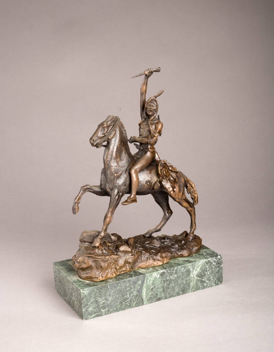 Appraisal: SMALL BRONZE FIGURE OF AN INDIAN ON HORSEBACK 'THE SCALP