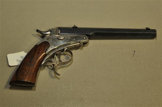 Appraisal: SINGLE SHOT PISTOL caliber rimfire with '' octagonal barreland wood