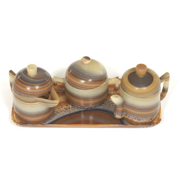 Appraisal: STRIPPED MCM BANDED AGATE CARVED FOUR-PIECE TEA SERVICE WITH TRAY