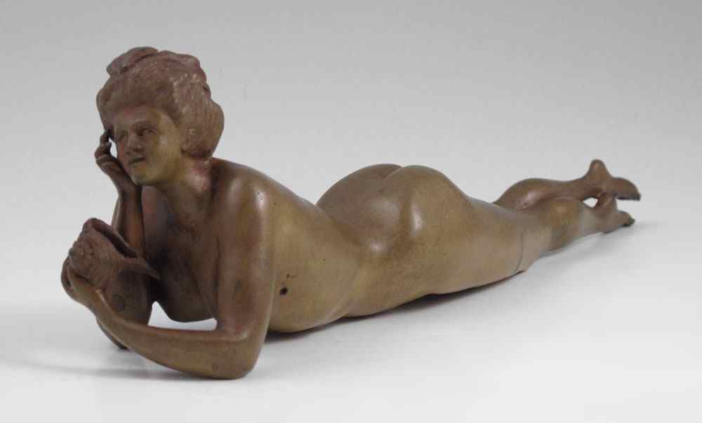 Appraisal: RECLINING BRONZE NUDE Holding Conch Shell With Pensive Look L