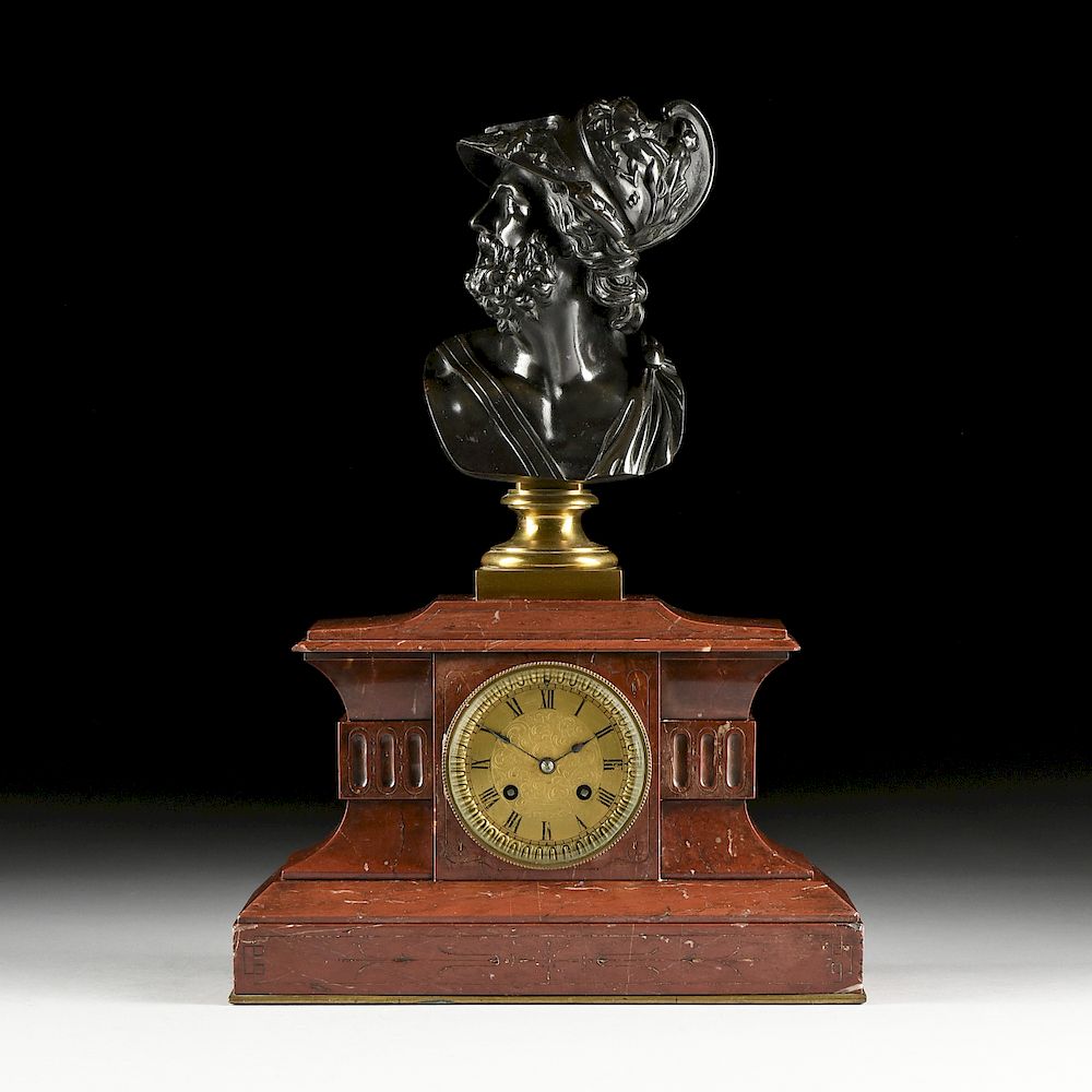 Appraisal: A NEOCLASSICAL BRONZE AND ROUGE MARBLE MANTEL CLOCK MID TH