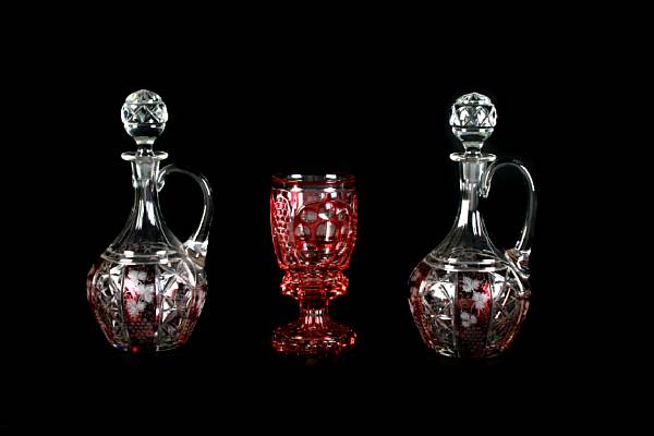 Appraisal: A pair of Continental ruby-flashed engraved glass together with a