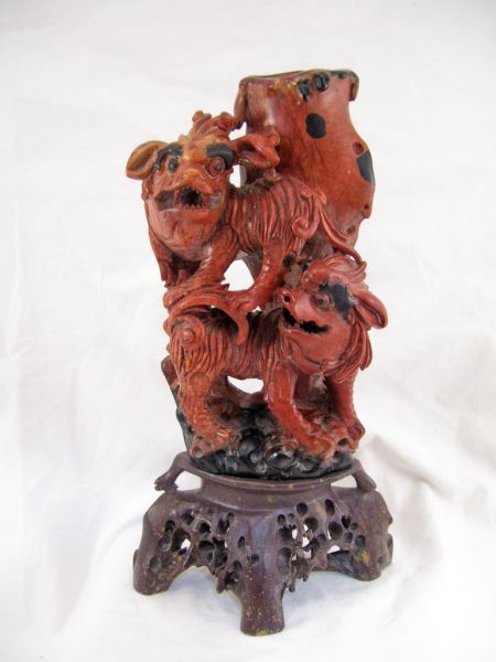 Appraisal: Carved Soapstone Foo Dog Urn Vase Carved urn vase with