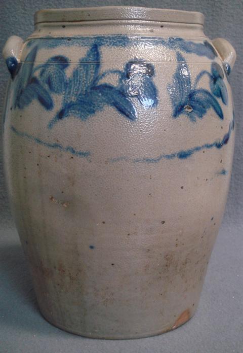 Appraisal: gal blue floral decorated stoneware jar h hairline down one