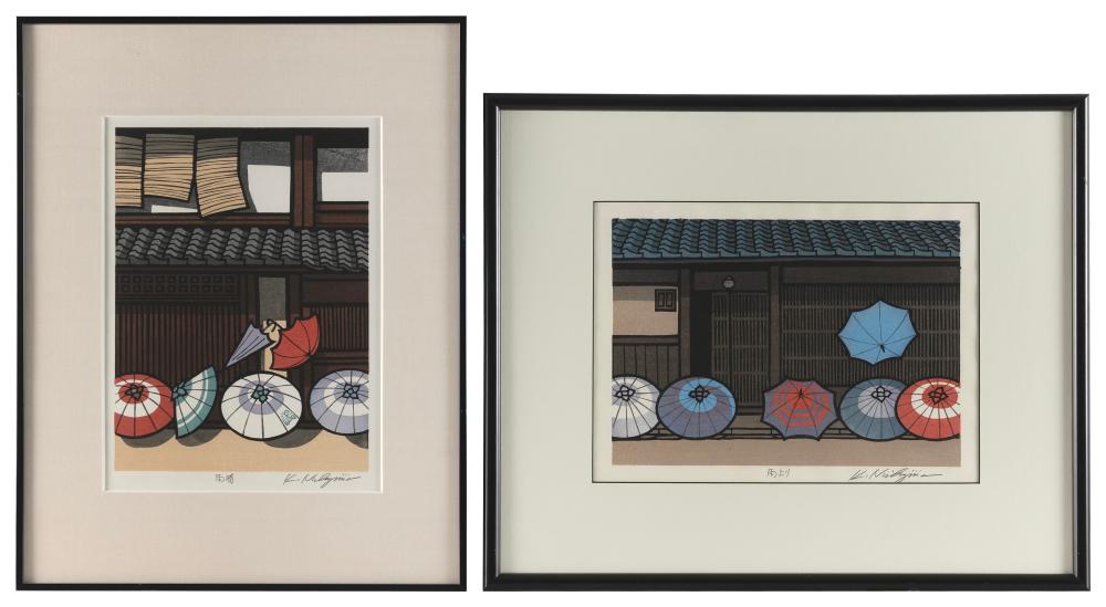 Appraisal: KATSUYUKI NISHIJIMA JAPAN B TWO WORKS FEATURING UMBRELLAS WOODBLOCK PRINTS